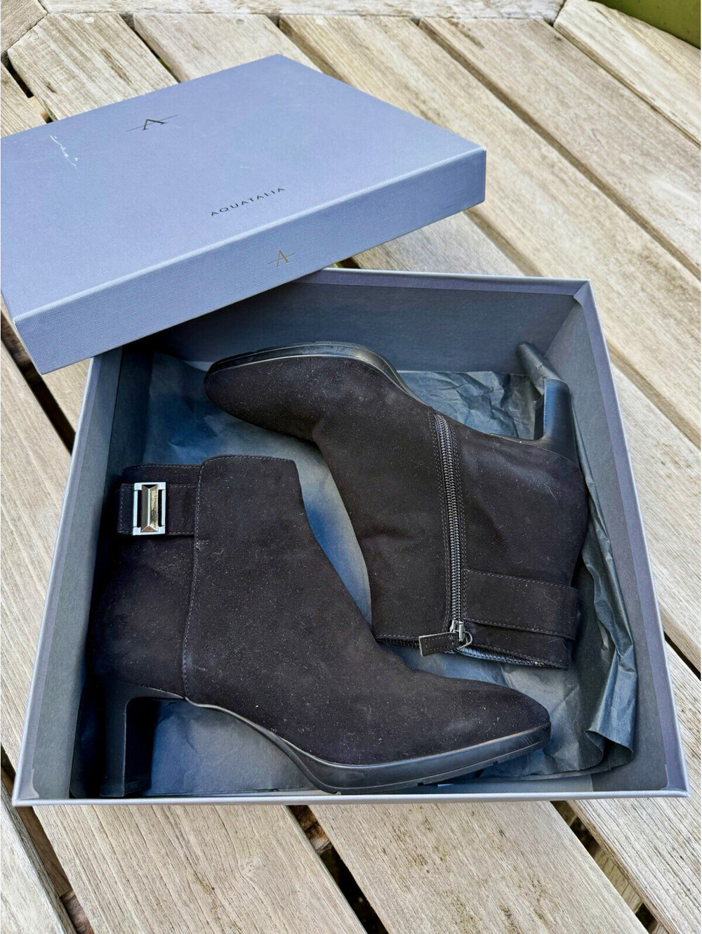 NEW Aquatalia Women’s Black Suede Bootie  Side Zip & Buckle US 8 Made in Italy